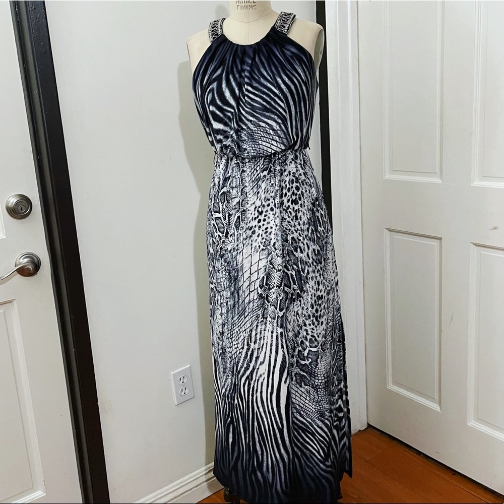Studio One Animal Print Halter Beaded Maxi Dress